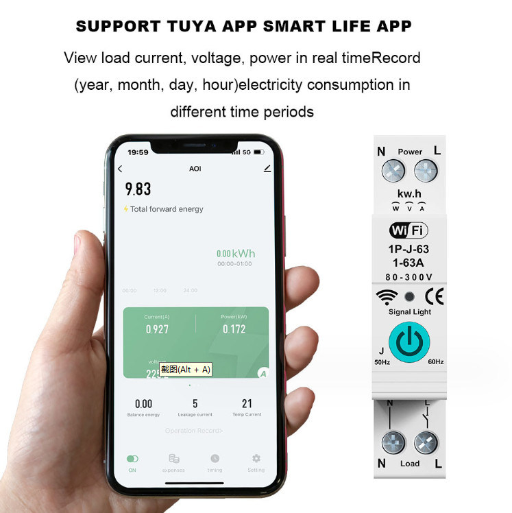 Tuya WiFi Smart Circuit Breaker Switch Misurazione in fase singola su corrente Controllo remoto mobile Timer funzioni multiple