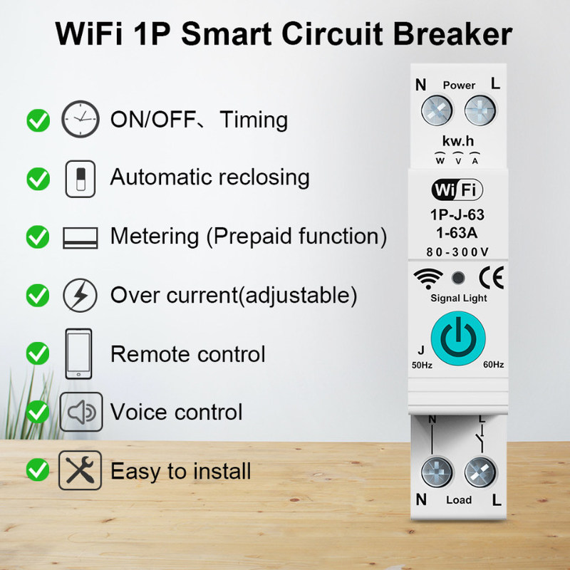 Tuya WiFi Smart Circuit Breaker Switch Misurazione in fase singola su corrente Controllo remoto mobile Timer funzioni multiple